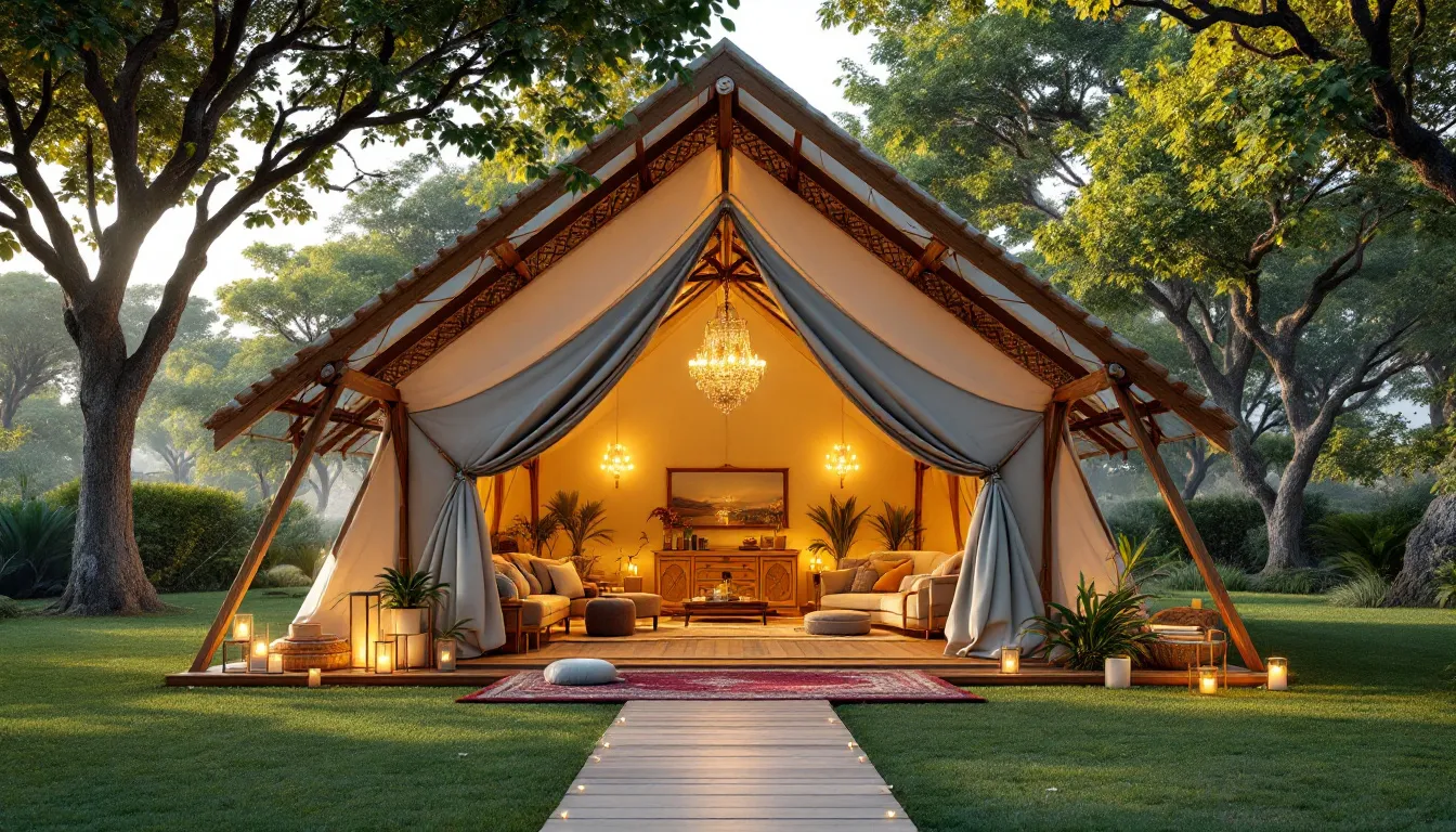 A luxurious glamping tent set up in a picturesque resort environment.