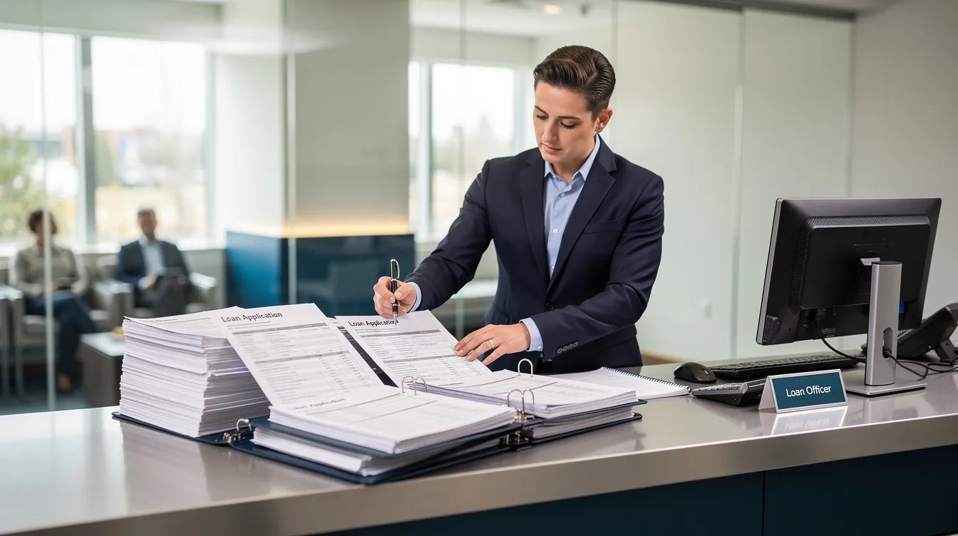 The image depicts a banker at a bank counter meticulously reviewing a stack of loan application documents, which likely include business registration forms and income proof necessary for processing business loans such as the Mudra loan. The banker appears focused, assessing the documents required for applicants seeking funding to expand their small businesses.