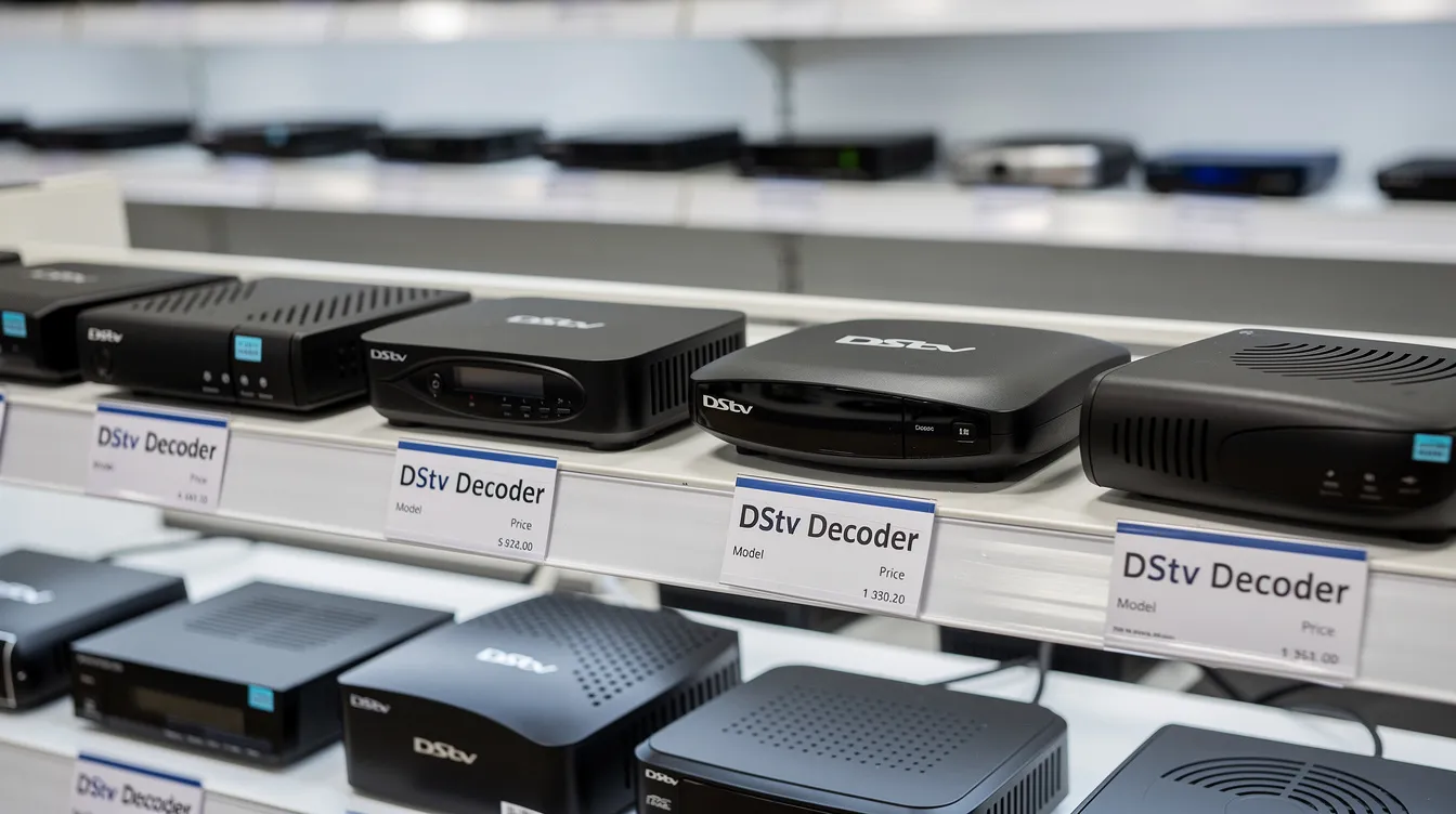 The image shows various DStv decoder models, including the DStv Explora and Explora Ultra, neatly arranged on a retail shelf, highlighting their sleek designs and features for satellite TV access. Each decoder represents different packages and functionalities, making it easy for customers to choose the right device for their entertainment needs.