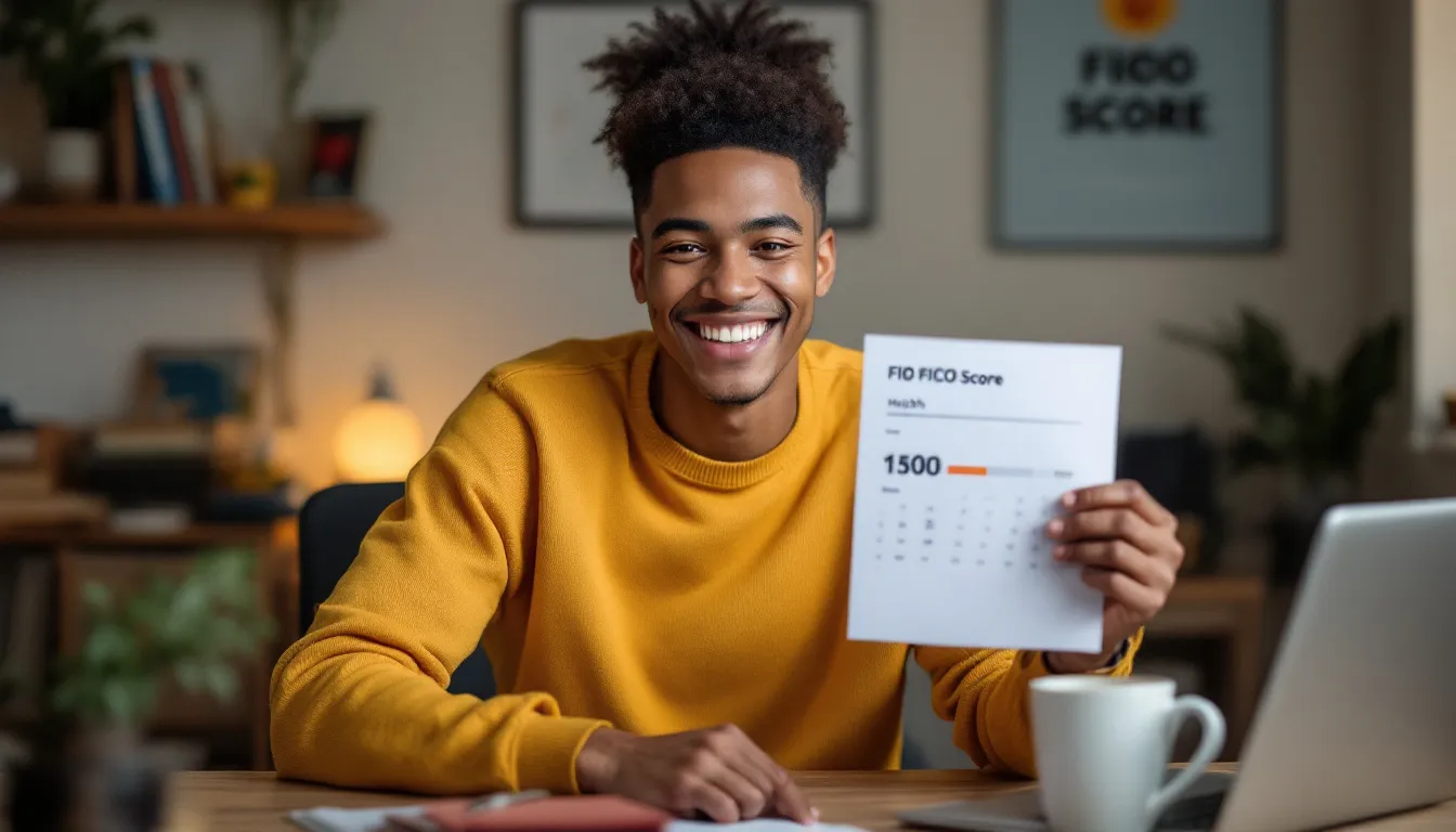 A happy individual reviewing their FICO score with a sense of accomplishment.