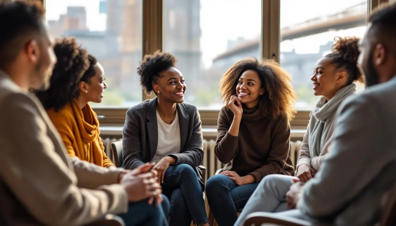 A diverse group of mental health professionals, aged 30-60 and representing various ethnicities, are seated in a circle engaging in a collaborative discussion in a warm, natural lighting environment, with the Brooklyn Bridge visible in the background. This scene exemplifies ongoing professional development in schema therapy training, highlighting the importance of diverse perspectives in therapeutic practices.