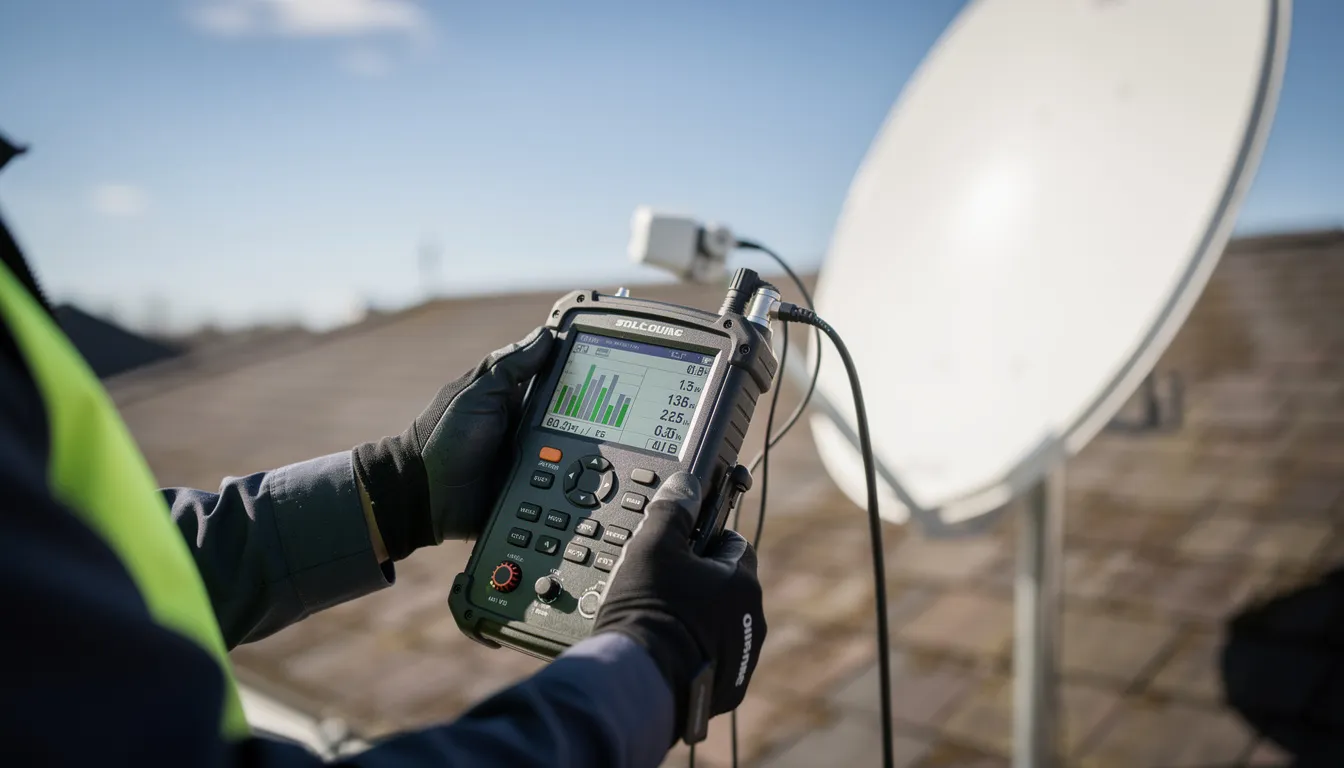 A technician is closely examining a signal meter while aligning a satellite dish for optimal signal strength. This scene showcases the skilled professionals involved in affordable DSTV installation services, ensuring the best viewing experience for customers in Lotus River.