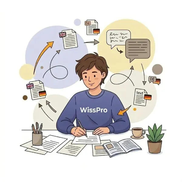 Illustration eines Studenten beim Schreiben mit mehrsprachigen Dokumenten und Übersetzungssymbolen