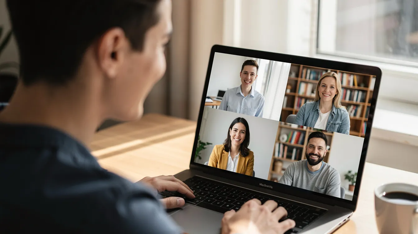 Une personne souriante participe à un appel vidéo, tandis que quatre collègues sont visibles sur l'écran en disposition de grille. Cette image illustre la collaboration à distance au sein d'une équipe, mettant en avant l'importance de la communication et de l'engagement dans le cadre du télétravail.