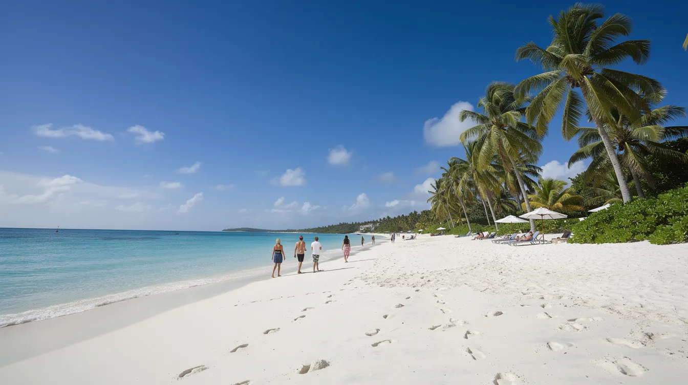 A picturesque scene of people strolling along beautiful white sand beaches, with the vibrant turquoise waters of the Caribbean Sea lapping at the shore and palm trees swaying gently in the breeze, capturing the essence of a perfect Cancun vacation. This idyllic setting is ideal for enjoying the natural beauty and adventure parks that the Cancun area offers.