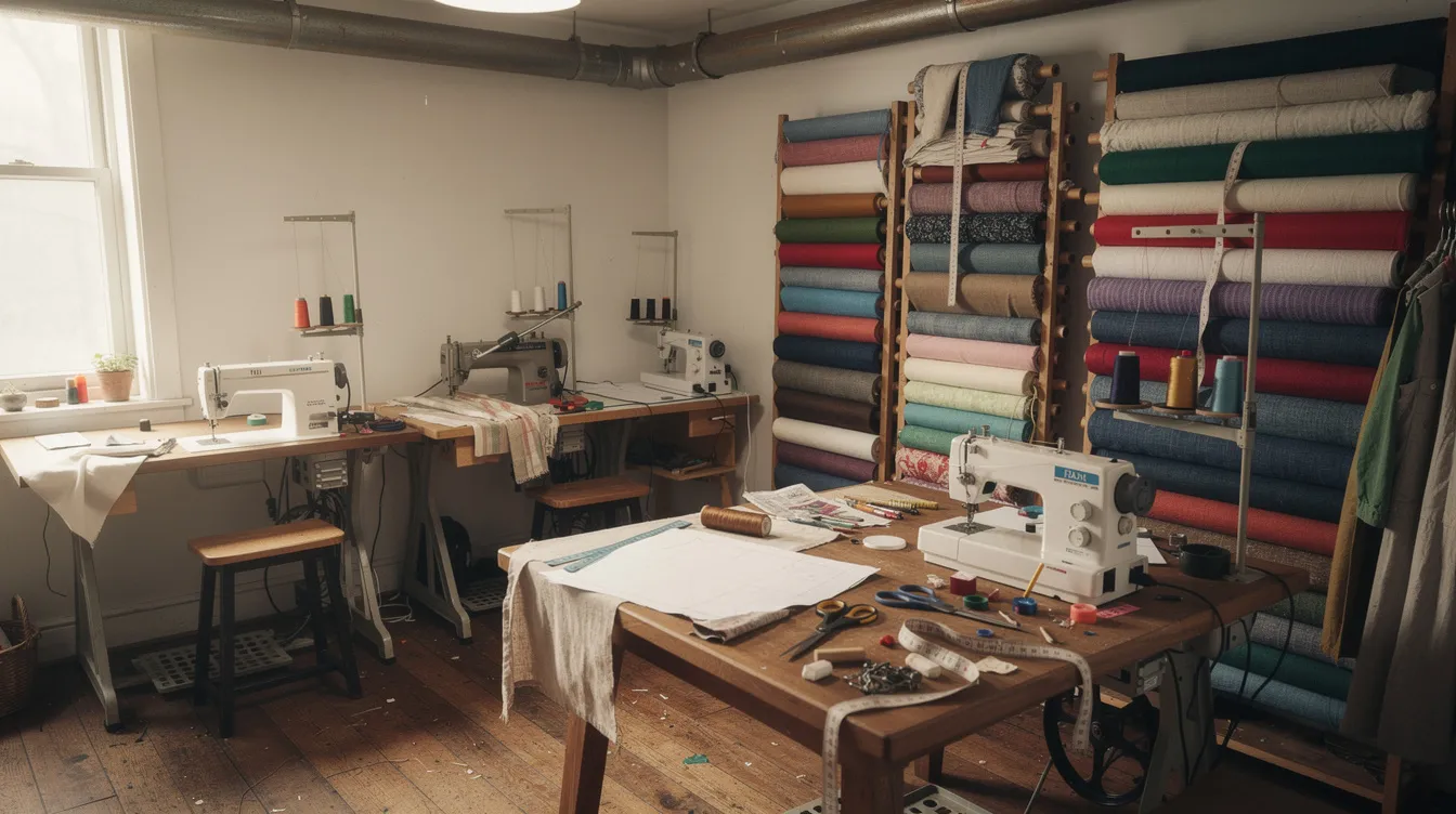 51269150 6de1 443e aa4c 9b0f10fa3dfb The image depicts a small workshop filled with several sewing machines and neatly arranged rolls of fabric, indicating a space dedicated to commercial manufacturing processes for micro enterprises. This environment is essential for the development of small businesses, such as those benefiting from the Mudra loan scheme, which supports financial inclusion and growth in the textile sector.