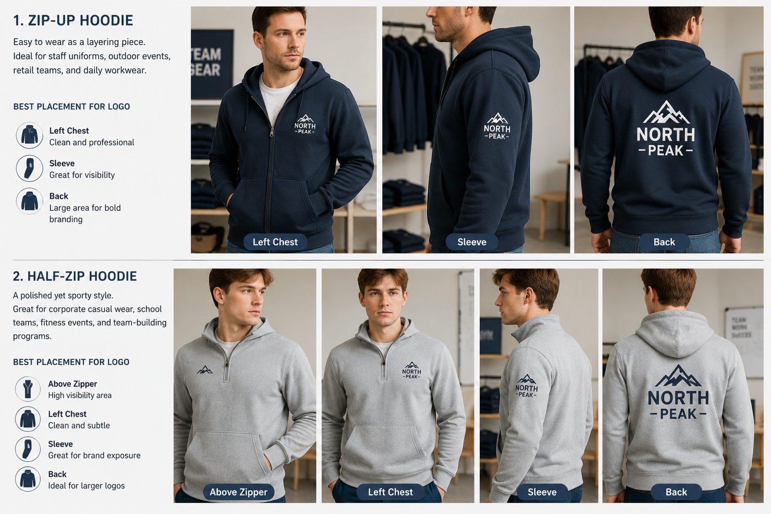 Zip-up hoodie and half-zip hoodie comparison with recommended logo placement areas