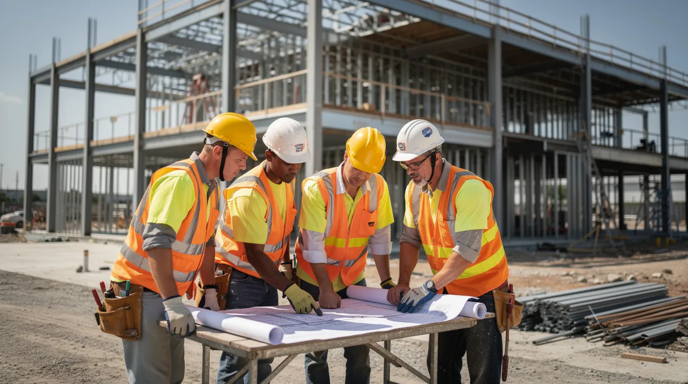A group of construction workers in hard hats is gathered at a commercial job site, intently reviewing blueprints with steel framing visible in the background. This scene highlights collaboration in the construction industry, essential for managing current and future projects effectively.