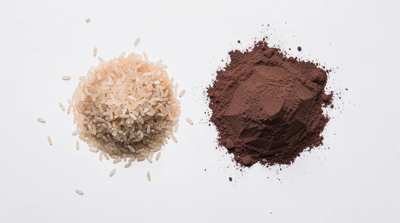 The image shows a side-by-side comparison of light-colored rice grains and dark brown mushroom powder on a clean white surface, highlighting the distinct textures and colors of these two food products. This visual could emphasize the differences between whole mushroom fruiting body and grain starch, as well as the potential health benefits of mushroom supplements.