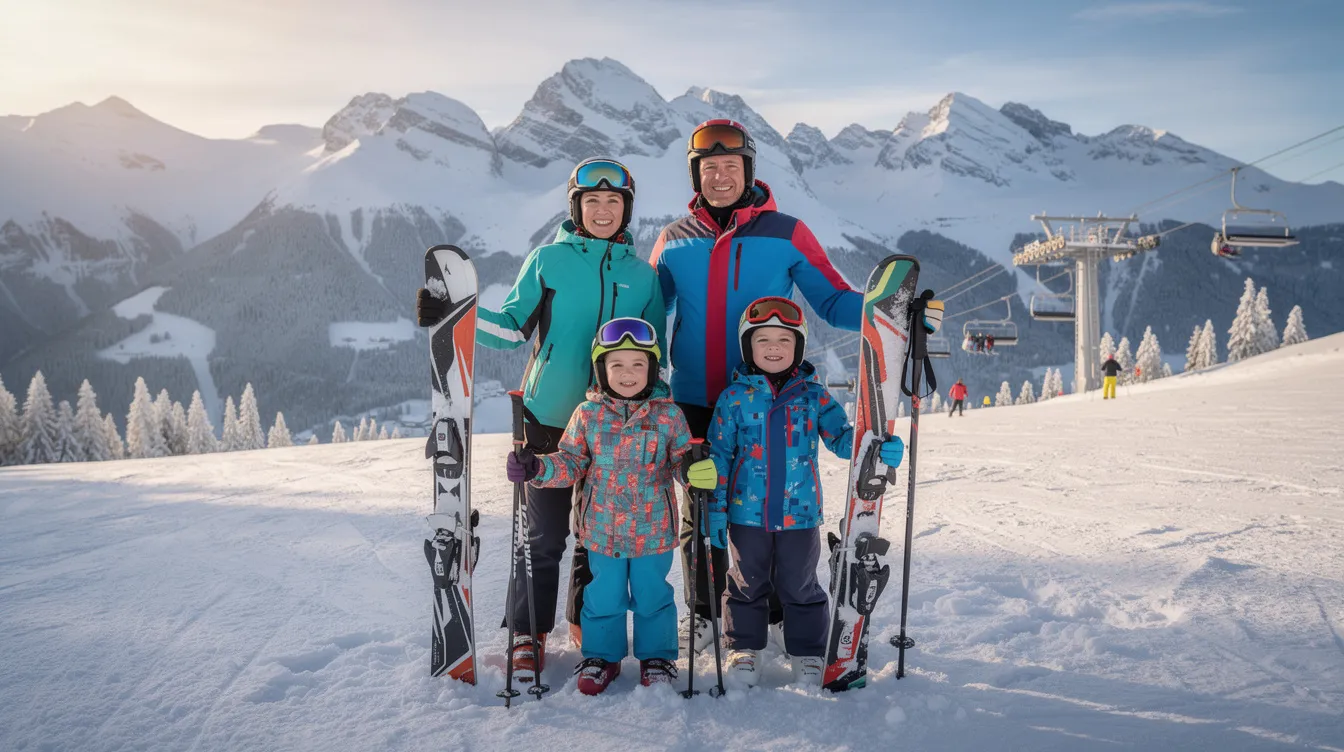 Eine Familie steht mit Skiausrüstung vor einem verschneiten Berg, bereit für ein Pistenabenteuer. Sie halten ein Smartphone in der Hand, um ihre Ski-Tracker-App zu nutzen, während sie die verschneite Landschaft bewundern.