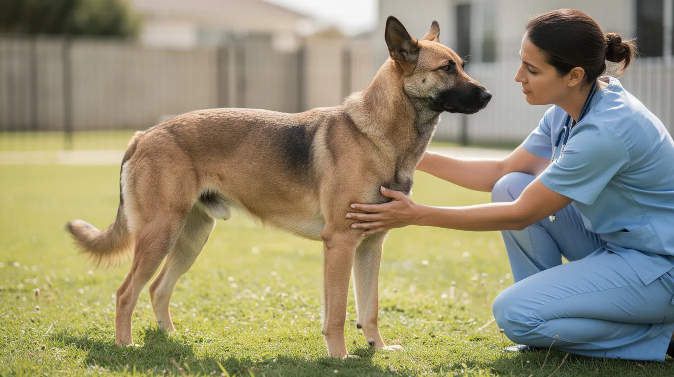 A medium-sized dog stands on grass as a veterinarian gently examines its back leg at the knee joint, checking for any signs of a cranial cruciate ligament injury. The dog's posture suggests it may be experiencing discomfort, highlighting the importance of assessing knee stability and potential treatment options for cruciate ligament disease.