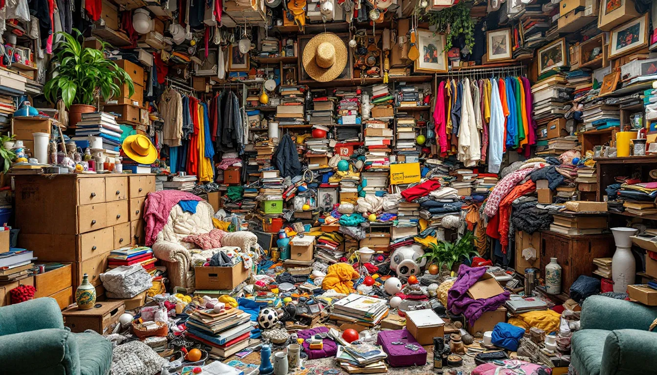 A cluttered hoarder's room filled with various belongings and household items.