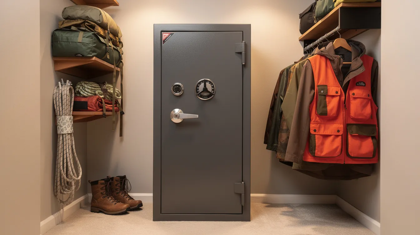 The image depicts a locked firearm safe positioned in a home closet, with various outdoor gear, such as backpacks and hiking equipment, nearby. This setting illustrates the importance of securely storing firearms in compliance with gun laws, particularly for responsible gun owners in Wyoming.