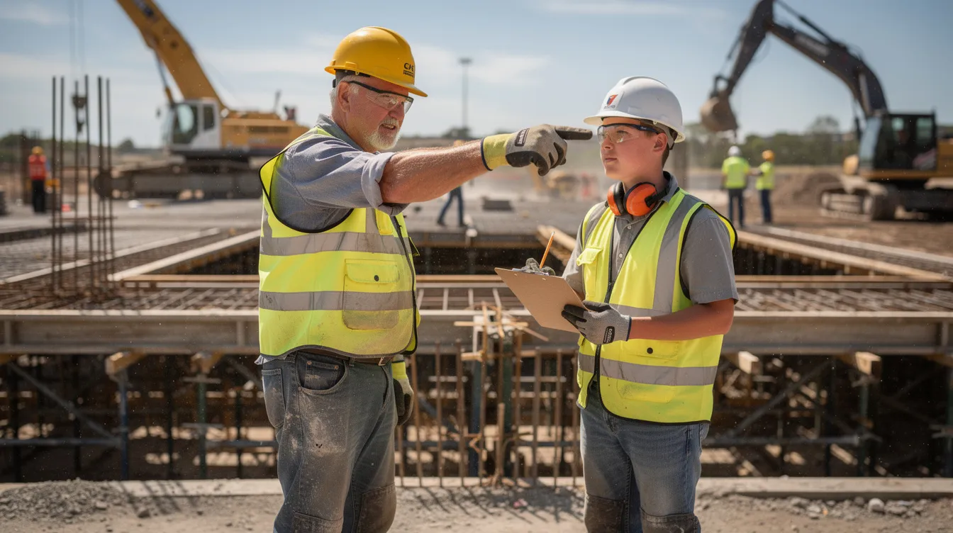 An experienced construction mentor is guiding a young apprentice, both wearing safety gear, on an active job site in Texas, surrounded by various construction activities. This scene reflects the high demand for skilled trades in the Texas construction industry, particularly in the context of current trends such as semiconductor manufacturing and data center projects.