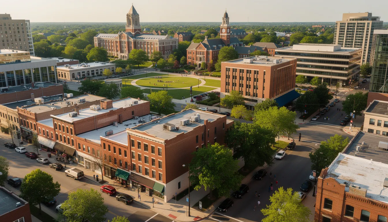 Relocating To Columbia, Mo: What To Know Before You Move 1 An Aerial View Of Downtown Columbia, Missouri, Showcases Tree-Lined Streets And Historic Brick Buildings, With The University Campus Visible In The Background. This Vibrant College Town Offers Affordable Housing And Easy Access To Parks And Outdoor Activities, Making It A Great Place For Families And Students Alike.
