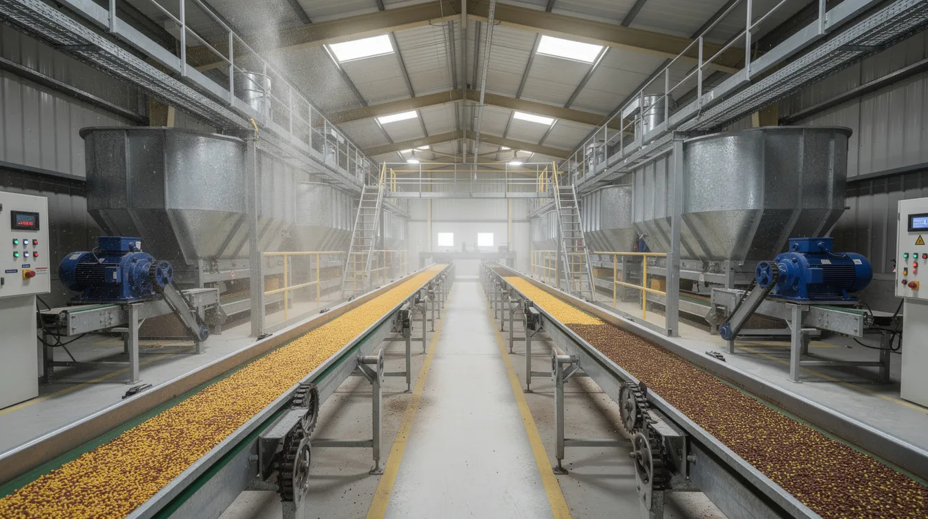 5133a823 f07f 40c0 bce1 6f97747e6fb0 The image depicts the interior of an industrial dal mill plant, showcasing conveyor belts, motors, and grain hoppers designed for pulse processing. The layout emphasizes the efficient handling of raw pulses such as chana dal, moong dal, and urad dal, highlighting the machinery essential for the dal mill business.
