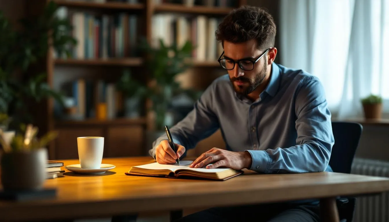 The image depicts a person deeply engaged in writing, with a pen in hand and a notebook open, illustrating the process of crafting an essay or blog post. This scene captures the essence of developing writing skills and the importance of a good hook to grab the reader's attention right from the very beginning.