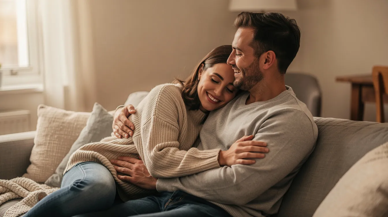 A couple is cuddling on a couch, smiling at each other, conveying a strong emotional connection and mutual affection. This intimate moment reflects their healthy relationship and the quality time they spend together, fostering a deeper bond and emotional fulfillment.