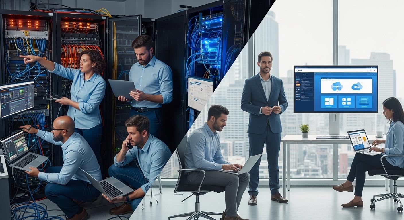 Enterprise IT team managing on-premises VDI servers contrasted with a cloud provider delivering fully managed DaaS desktops.