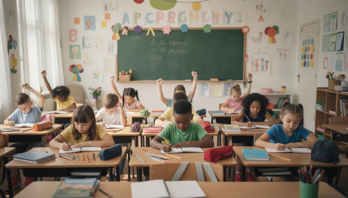 Na obrazku widoczna jest grupa dzieci siedzących w ławkach szkolnych podczas lekcji w jasnej sali, ozdobionej kolorowymi dekoracjami na ścianach. Uczniowie są zaangażowani w naukę, a ich radosne twarze wskazują na dobre wyniki i aktywność w zajęciach.