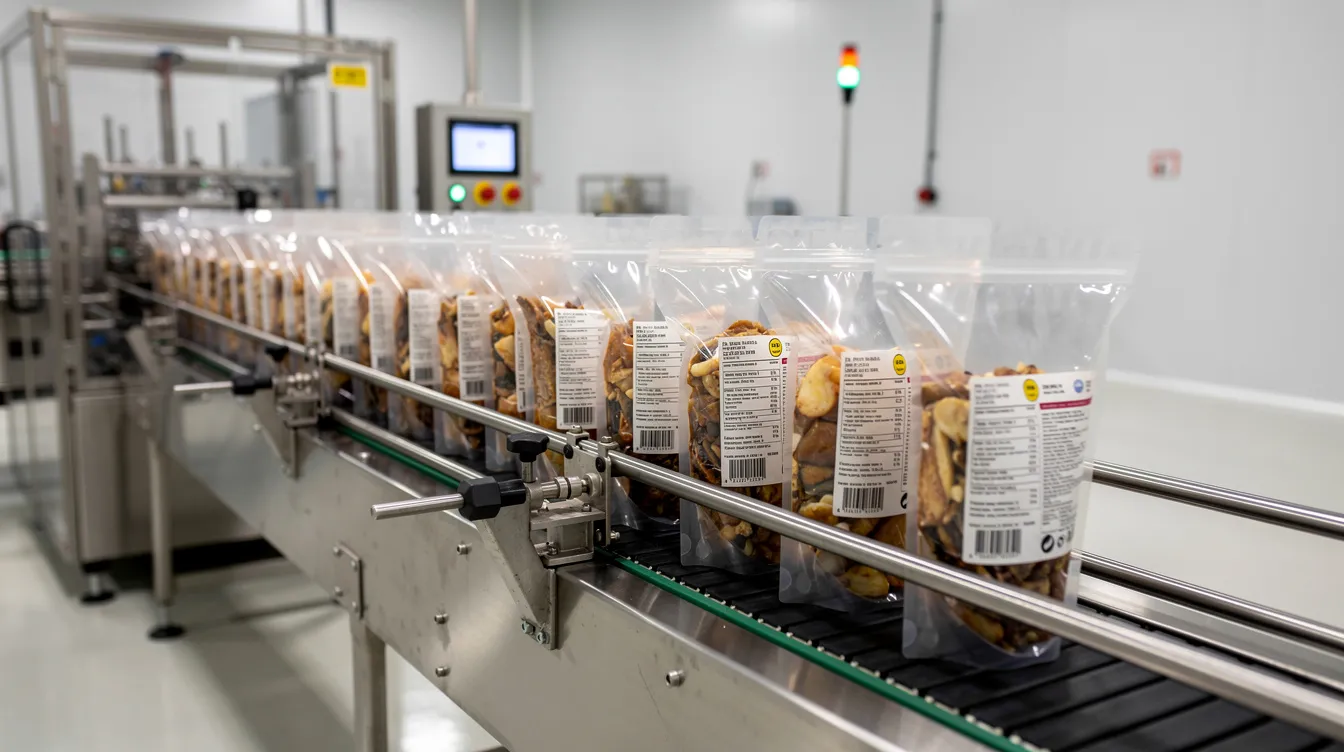 513c249d 7ad4 4864 ad22 a7294850d103 The image shows sealed food product pouches moving along an automated packaging conveyor belt in a clean factory environment, highlighting the efficiency of the poha processing machine. This setup exemplifies modern food processing machinery manufactured in India, ensuring high quality and adherence to safety standards.