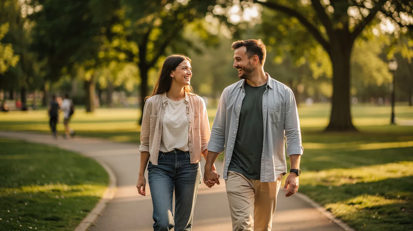 Two people are walking together in a park, holding hands and smiling, showcasing their emotional intimacy and connection. Their joyful expressions reflect a strong foundation in their relationship, highlighting the importance of shared values and mutual understanding as they navigate their love life together.