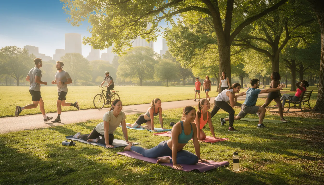 A group of diverse individuals is exercising outdoors in a vibrant park, embodying healthy lifestyle choices and wellness activities. This scene reflects the importance of physical fitness and could relate to discussions about dietary supplements like NMN, which are often marketed for their potential health benefits.
