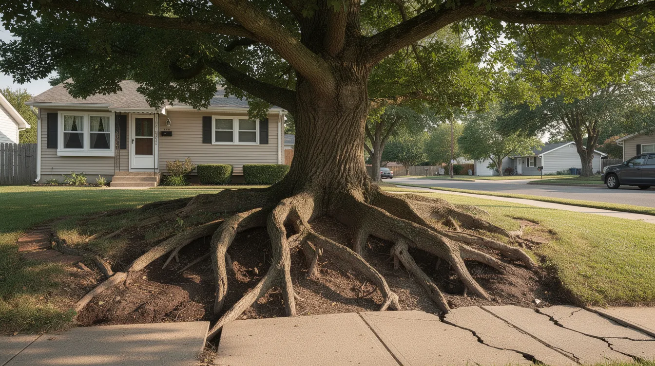 A large tree with extensive roots is situated near a residential yard and sidewalk, indicating potential proximity to underground sewer lines. This could lead to issues like root intrusion in the sewer system, which may require a sewer camera inspection to prevent costly repairs.