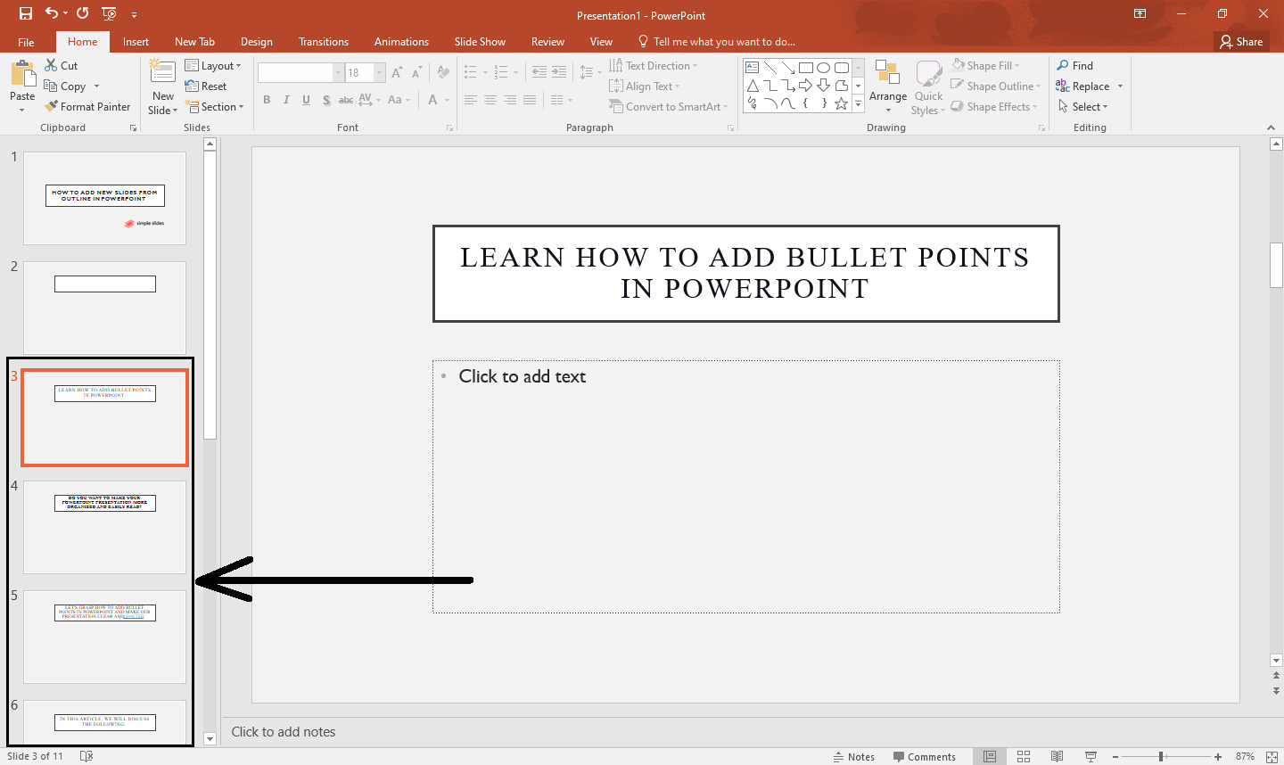 once you select "Insert" button, your outline in word is now in your PowerPoint presentation.