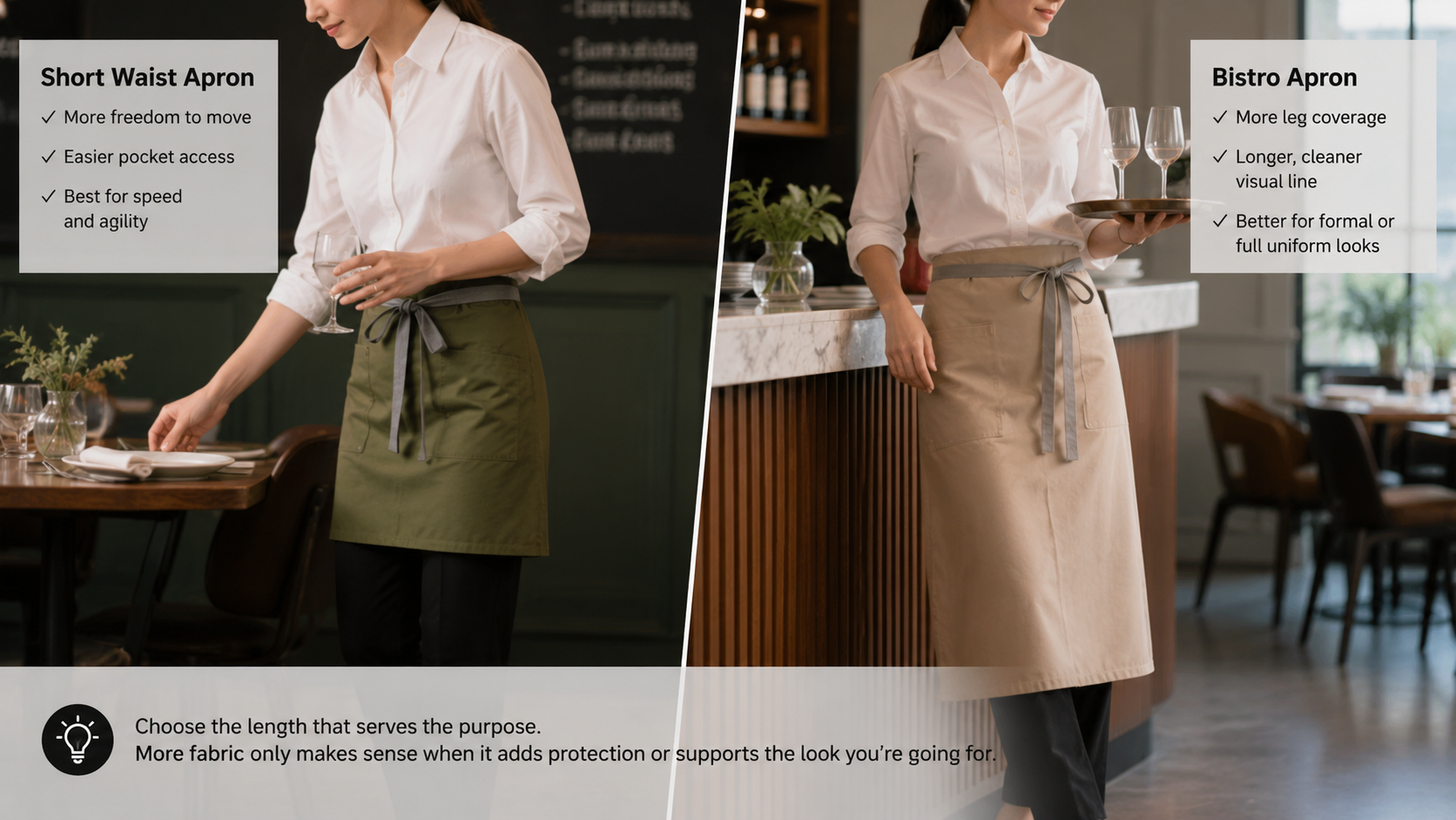 Comparison of a short waist apron and a longer bistro apron showing differences in coverage and service use.