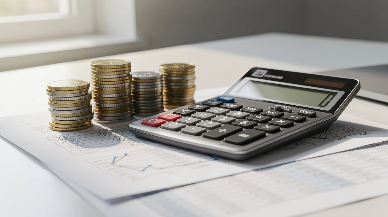 The image shows a calculator placed beside stacks of coins and financial documents, symbolizing the importance of tracking wages and understanding unpaid wage claims. This setup highlights the need for employees to be aware of their rights regarding unpaid wages and overtime pay under federal law.