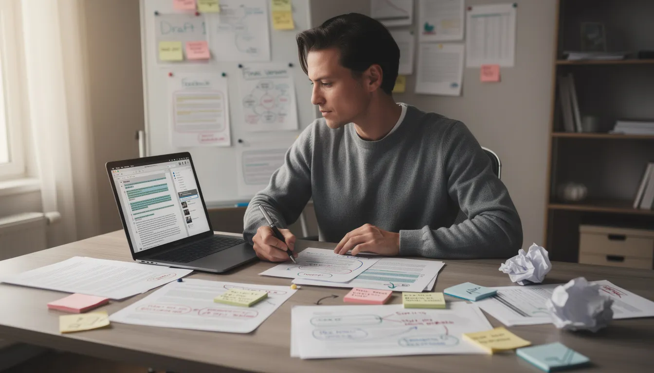 A person is sitting at a laptop surrounded by multiple drafts and feedback notes, illustrating the iterative improvement process essential for overcoming procrastination and achieving important tasks. This scene emphasizes the importance of breaking big tasks into manageable steps to stay focused and make progress towards one's goals.