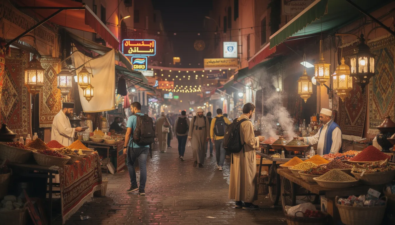 In a bustling Moroccan street market at night, travelers stroll among vibrant stalls filled with fresh fruits, traditional sweets, and street food, while local vendors engage with customers. The atmosphere is lively as families gather to enjoy their evening meals, reflecting the rich Moroccan culture during the holy month of Ramadan.