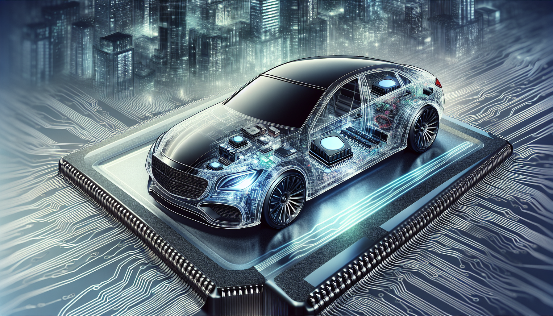 Illustration of modern vehicle with semiconductor chips