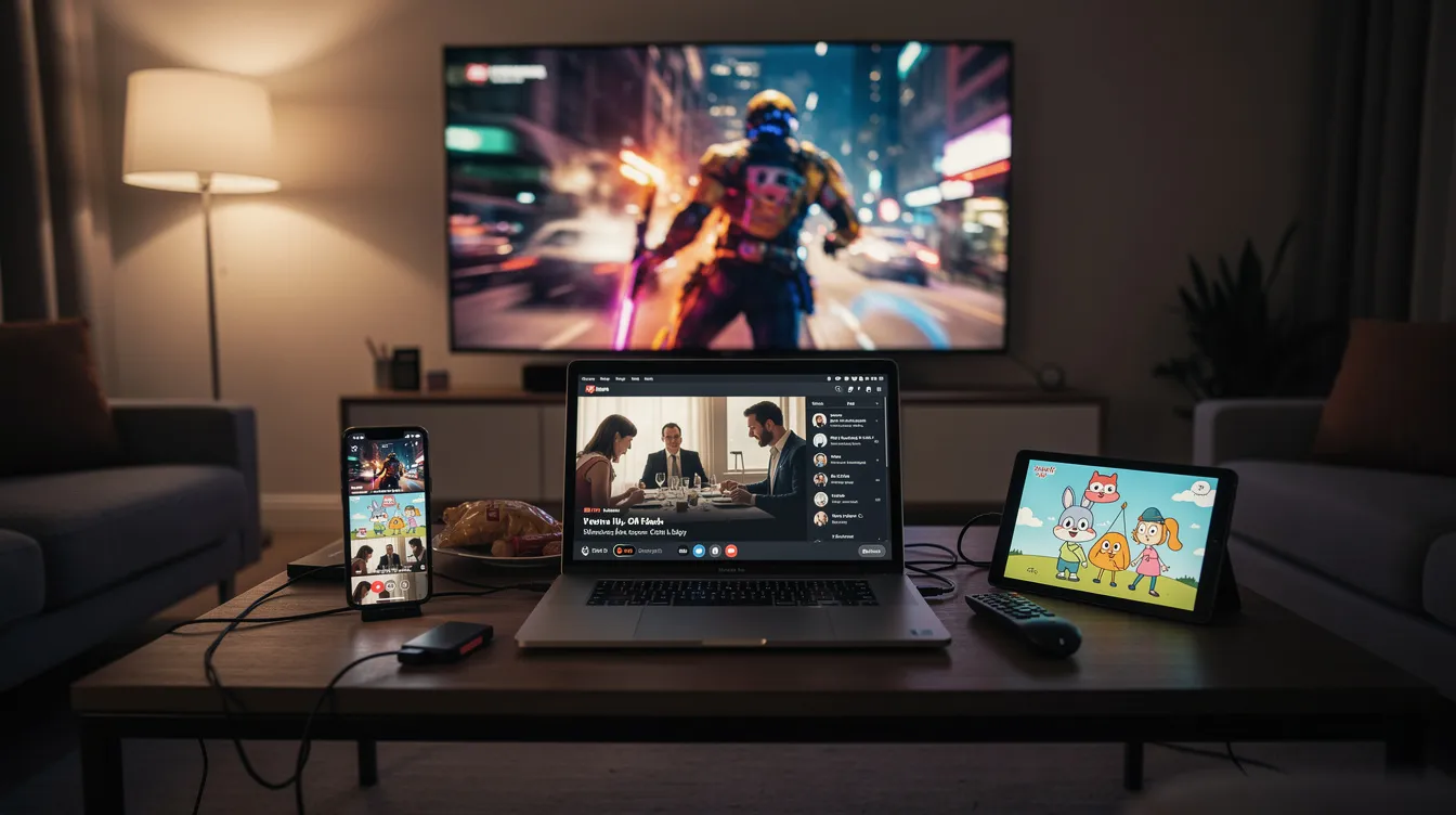 The image features multiple devices including a smartphone, tablet, laptop, and a smart TV, each displaying different streaming content such as movies, live sports, and news. This setup highlights the versatility of IPTV services, allowing users to enjoy various channels and entertainment options across multiple platforms simultaneously.
