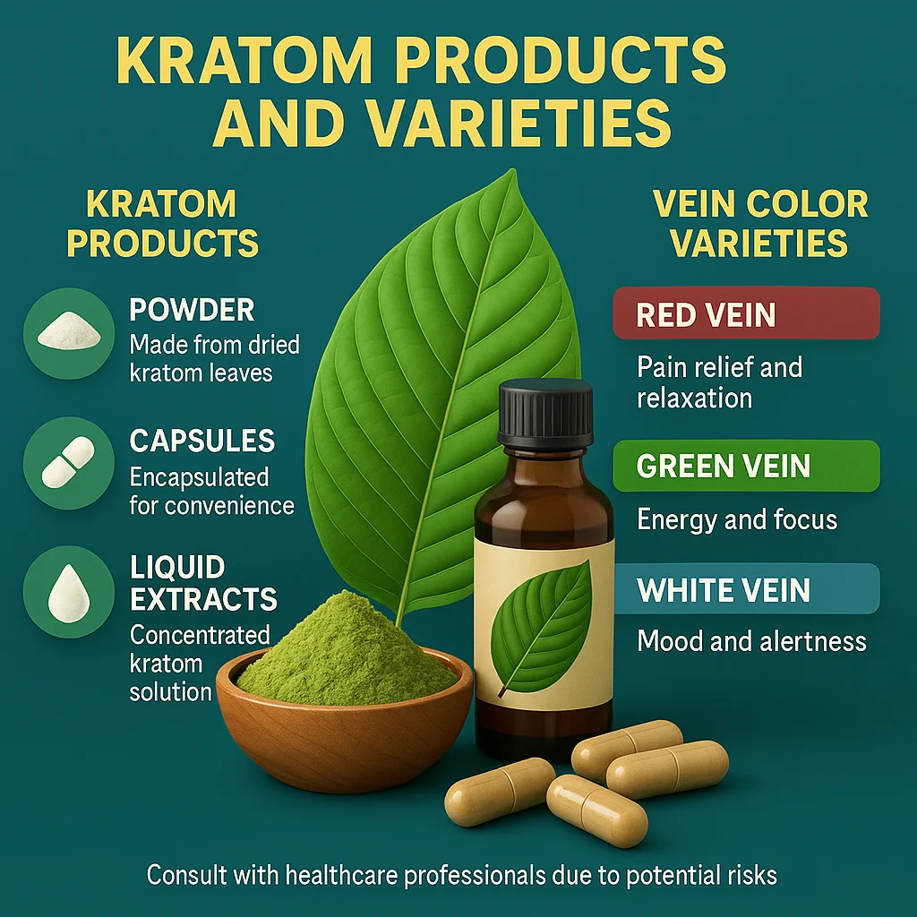 What are the Health Benefits of Using Kratom? 3 "Infographic of kratom products and varieties, including powder, capsules, and liquid extracts, with vein color types red, green, and white for different effects."