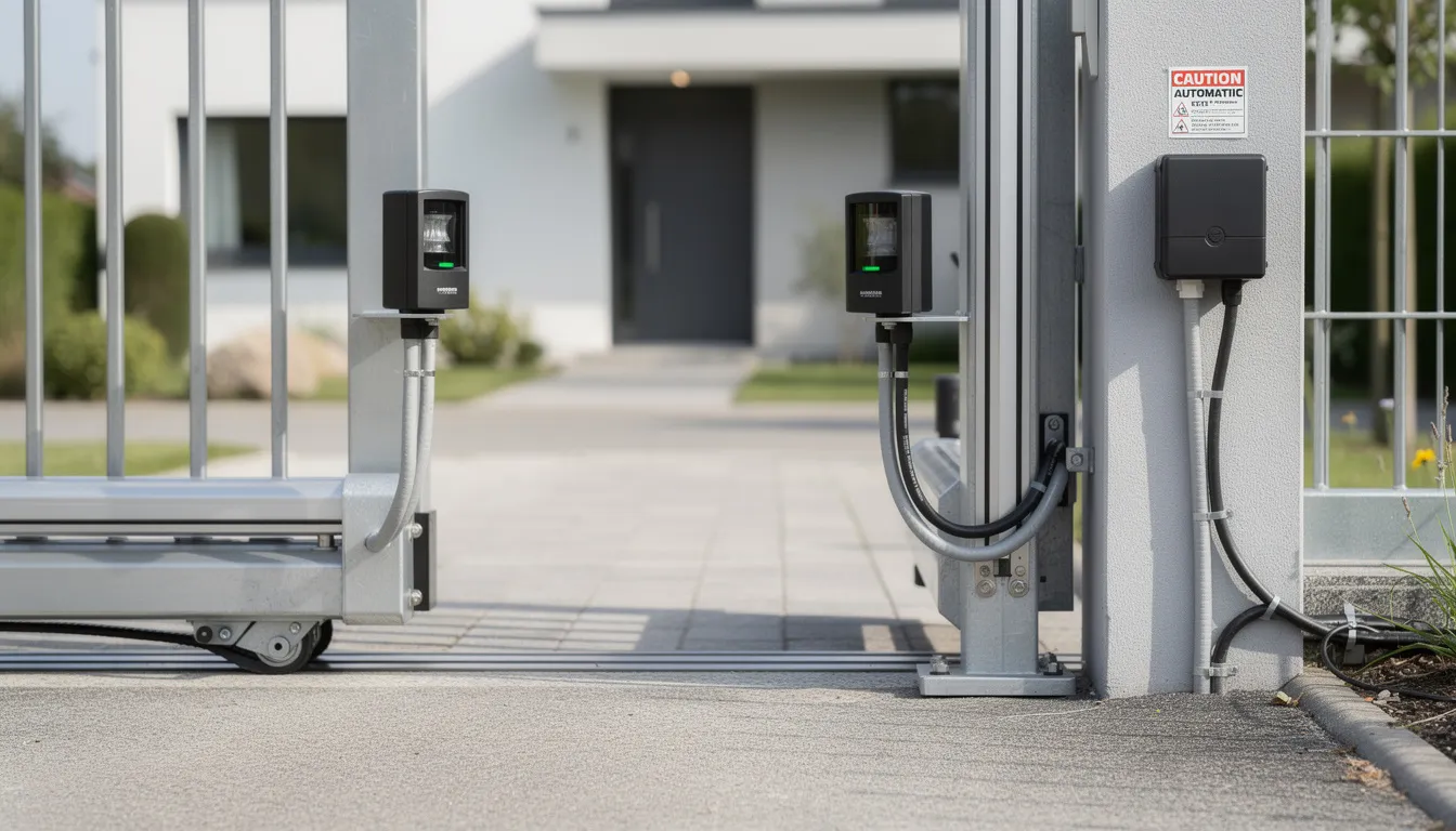 The image shows safety sensor equipment installed on an automatic gate system, designed to enhance security and ensure safe operation for both residential and commercial properties. This essential component helps prevent accidents by detecting obstacles, making it a crucial part of automated gate systems.