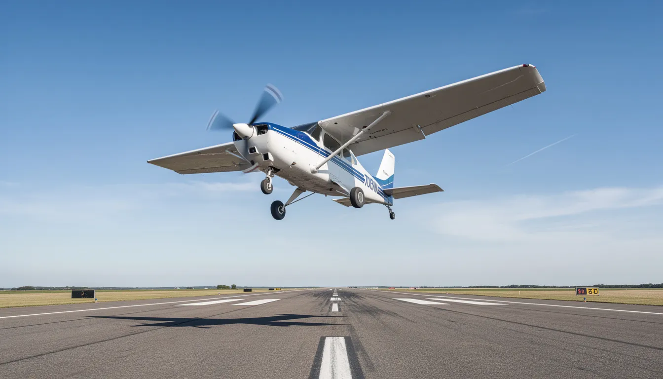 A small single-engine aircraft is climbing away from the runway with its landing gear retracted, showcasing a positive rate of climb against a backdrop of blue sky. The scene captures the moment of takeoff, emphasizing the aircraft's maneuverability and the skill of the pilots aboard.