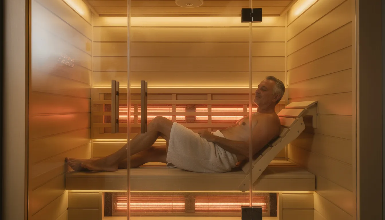 A man is relaxing in a modern infrared sauna cabin, surrounded by warm ambient lighting that enhances his wellness routine. This sauna session utilizes infrared heat therapy, promoting muscle recovery and improved cardiovascular health while aiding in stress management and hormonal balance.