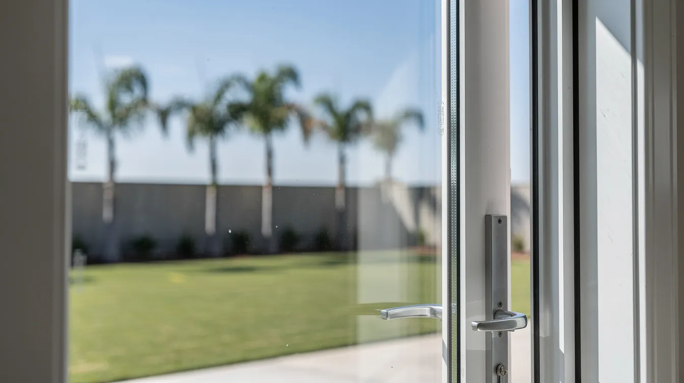 A close-up view of a residential sliding glass door featuring safety window film, with a lush palm tree-lined backyard visible in the background. This installation helps protect against harmful UV rays while enhancing energy efficiency and reducing glare in South Florida homes.