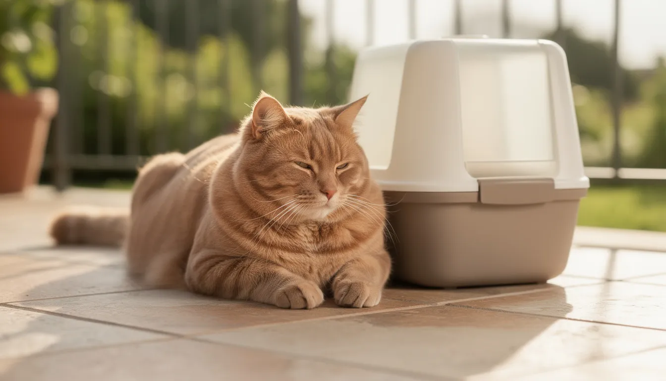 Een ontspannen kat zit naast een overdekte kattenbak op een terras, waar de waterdichte plastic kap bescherming biedt tegen regen. De kattenbak is geschikt voor grote kattenrassen en heeft een elegante uitstraling, waardoor het een perfecte plek is voor de kat om zijn behoefte te doen.