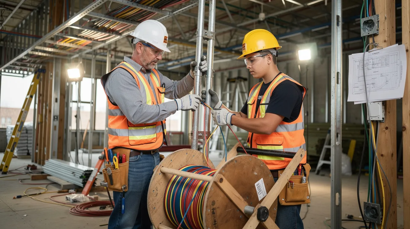 An electrical apprentice is seen working alongside a journeyman electrician on a commercial construction project, pulling wire as part of their hands-on training in an approved apprenticeship program. This collaboration emphasizes the importance of apprenticeship standards and the utilization of registered apprentices in the construction industry.