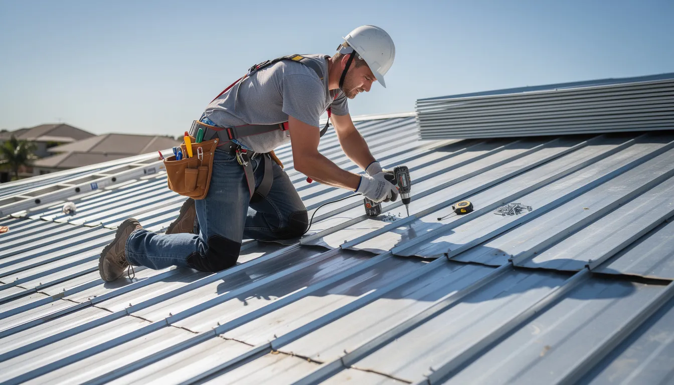 A professional roofer is seen working on corrugated metal roofing sheets, demonstrating expert roof repair techniques. The image highlights the importance of high-quality roofing services for both residential and commercial properties, ensuring the structural integrity and longevity of the roof.