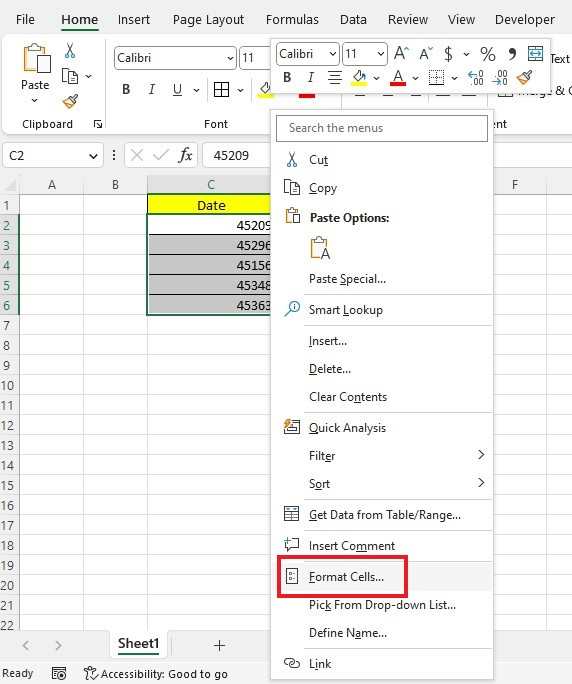 Select your data set, right-click, and choose the Format Cells dialog box.