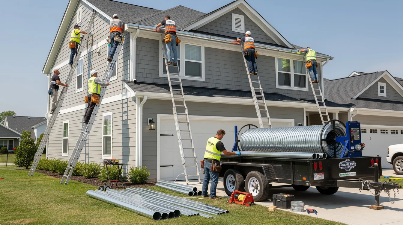 A professional crew is seen installing aluminum seamless gutters on a two-story residential home, utilizing ladders and a gutter coil machine mounted on a trailer. This roofing project highlights their expertise in gutter installation services, ensuring long-lasting protection against water damage.