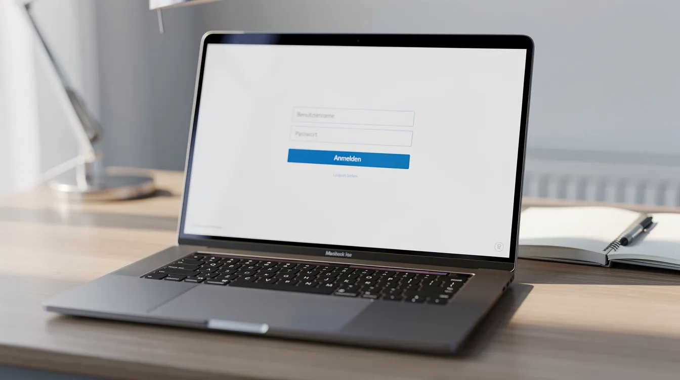 Auf dem Schreibtisch liegt ein aufgeklappter Laptop, dessen Bildschirm die Login-Maske für das Amazon Vine Programm zeigt, wo Benutzer ihre E-Mail und ihr Passwort eingeben können, um auf das Vine Dashboard zuzugreifen. Die Umgebung ist schlicht und funktional, ideal für die Nutzung eines professionellen Verkaufsaccounts.