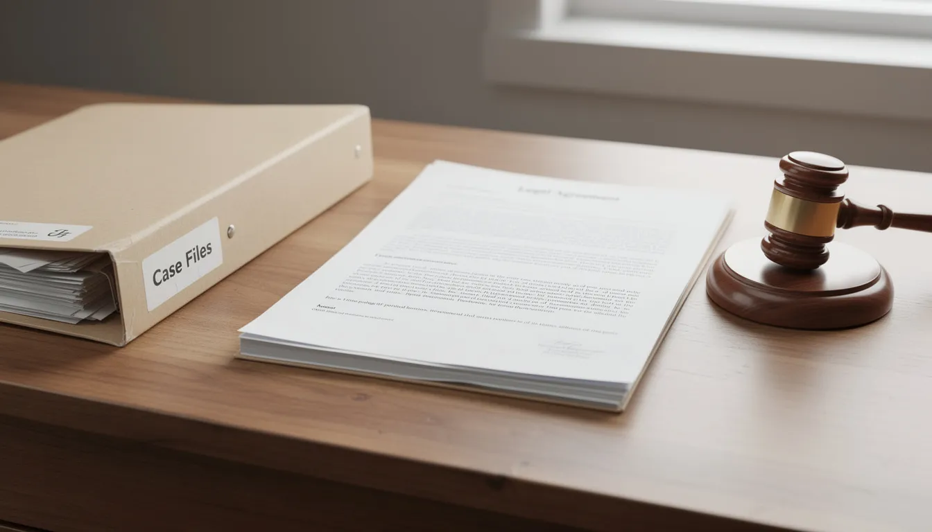 The image depicts a wooden desk featuring a folder filled with legal documents and a gavel, symbolizing the legal process involved in a car accident lawsuit. This setup represents the essential tools for a car accident attorney as they prepare to seek fair compensation for car accident victims.