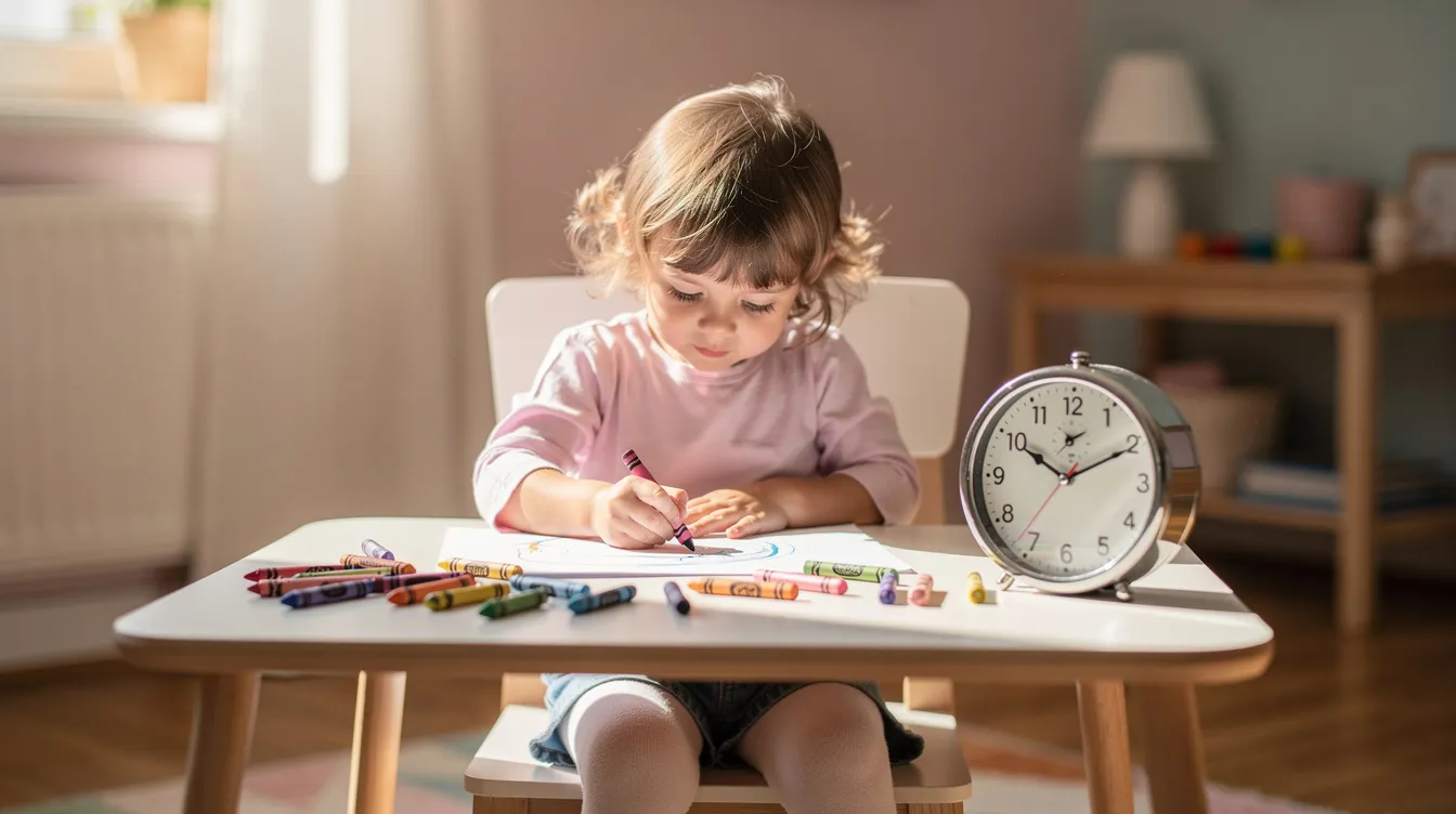 Na obrazku widoczne jest dziecko siedzące przy stoliku, na którym znajduje się zegar oraz kredki. Dziecko uczy się odczytywania godzin i dopasowywania wskazówek na tarczy zegara, co wspiera jego umiejętność nauki czasu.