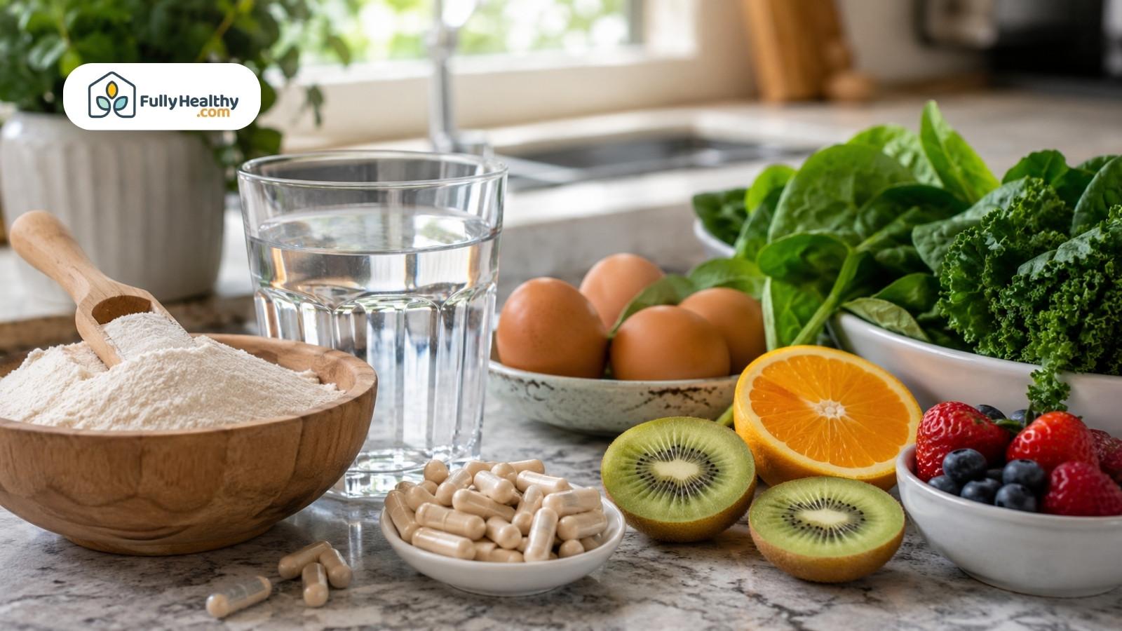 Collagen powder, capsules, water, eggs, citrus, berries, and greens on kitchen counter