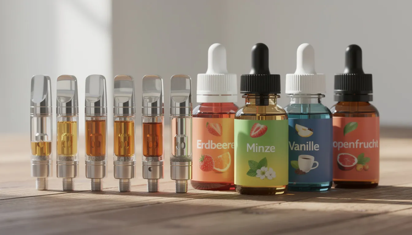 Auf dem Tisch liegen verschiedene Vape-Kartuschen und Liquids, die eine Vielzahl von Cannabinoiden wie THC und Delta 8 THC enthalten. Diese Produkte sind für Konsumenten gedacht, die die entspannenden Wirkungen der Cannabispflanze erleben möchten.